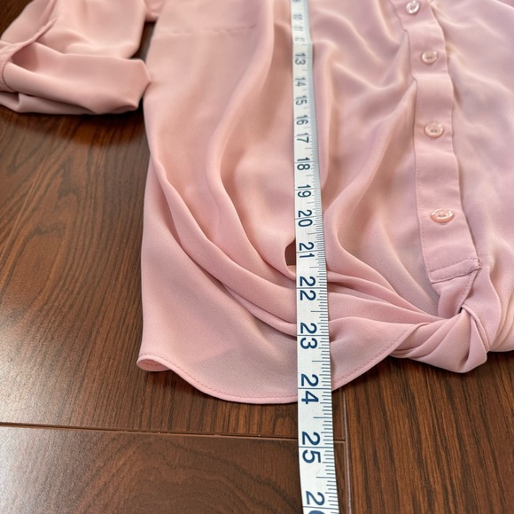 INC Twist Front Roll Cuff Button Down Mixed Media Peach Pink Mauve Blouse Size L - Picture 9 of 9